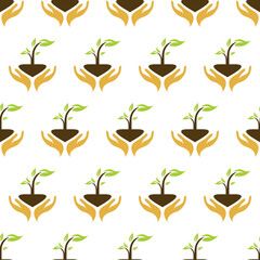 Educational nature pattern of small green plant sprouts growing out of dark soil mounds on a white background for gardening themes