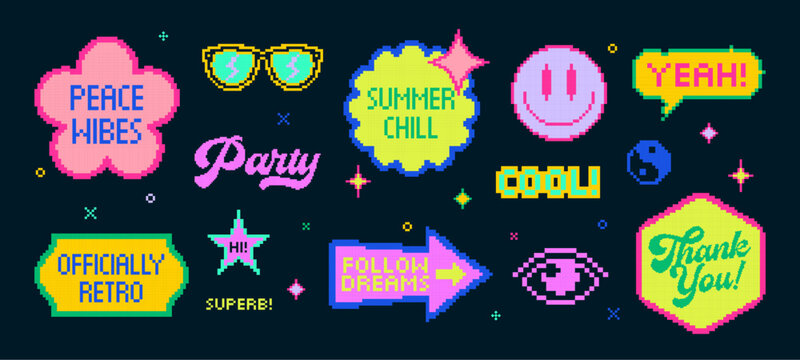 Pixel y2k retro stickers set. Abstract vector icon elements in vaporwave acid style. Geometric 8bit frame shapes in pixel art style. Digital brutalist techno bitmap badge symbols collection. Isolated