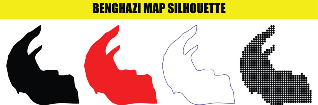 Benghazi map silhouette black red blue outline dotted vector graphic for design element and city information