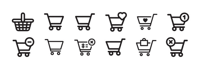 Twelve minimalist line icons depicting shopping carts and baskets for digital commerce applications