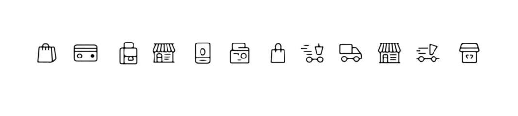 Simple linear icons for online store transactions checkout process and product delivery services
