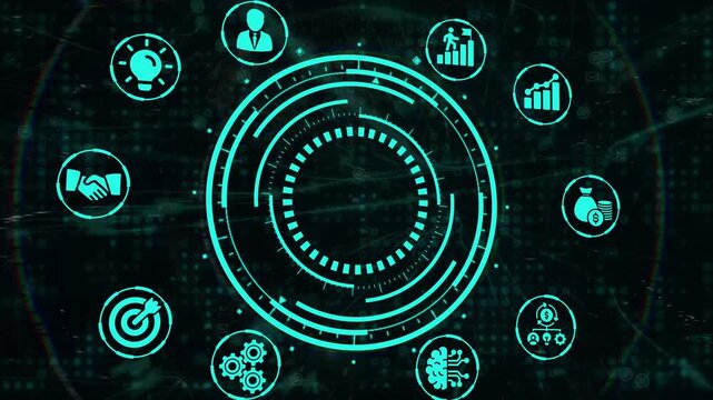 Business, technology, internet and network concept. Futuristic virtual screen and system with inscription, text in the center and business and technology icons. Animation video.