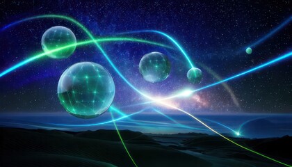 Obraz premium Cosmic Spheres and Luminous Trails - A Journey Through Space.