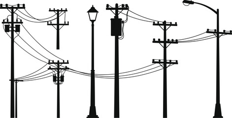 Silhouettes of Utility Poles Street Lights and Transformers on White Background power line electricity © Rasel