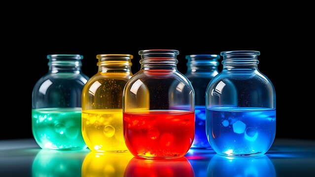 demijohns. Colorful liquids in round glass demijohns creating light refraction, dark background, crisp details. STEM education sheets.
