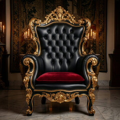 An ornate black and gold throne chair with red velvet cushion details