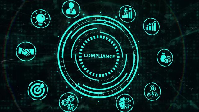 Business, technology, internet and network concept. Futuristic virtual screen and system with inscription, text in the center and business and technology icons. Animation video.