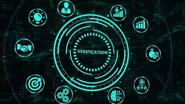 Business, technology, internet and network concept. Futuristic virtual screen and system with inscription, text in the center and business and technology icons. Animation video.
