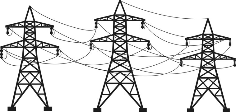 Three black electricity pylons with wires against a white background Keywords: electricity, pylon, power, transmission, tower