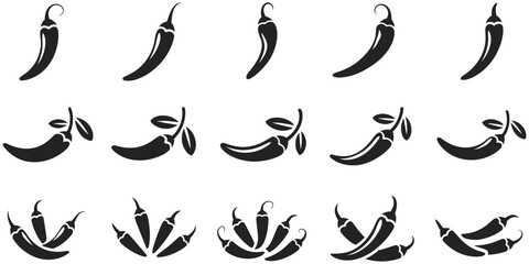 Obraz premium Black chili pepper silhouette icon set, spicy vegetable shapes, hot food symbols, minimal vector collection for branding, packaging, culinary design, restaurant graphics