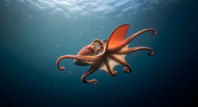 Dumbo octopus floating gently in the deep sea with soft natural lighting.