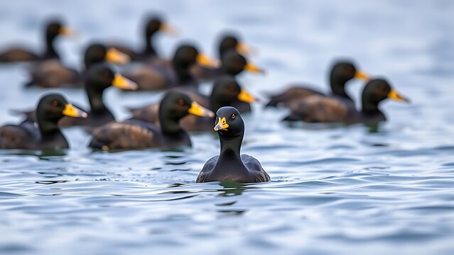 scoter. A small flock of black scoter ducks floating on a calm, cold sea in natural daylight. wildlife magazines, conservation campaigns, designed for eco-tourism storytelling.
