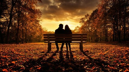 Siluetas de un hombre y una mujer en un banco del parque al atardecer dorado de oto&ntilde;o, con largas sombras entre un bosque tranquilo. Escena rom&aacute;ntica y serena.