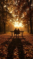 Siluetas de un hombre y una mujer en un banco del parque al atardecer dorado de oto&ntilde;o, con largas sombras entre un bosque tranquilo. Escena rom&aacute;ntica y serena.