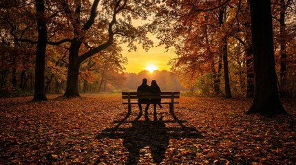 Siluetas de un hombre y una mujer en un banco del parque al atardecer dorado de oto&ntilde;o, con largas sombras entre un bosque tranquilo. Escena rom&aacute;ntica y serena.