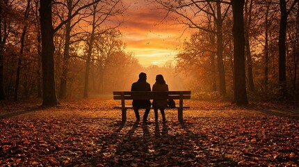 Siluetas de un hombre y una mujer en un banco del parque al atardecer dorado de oto&ntilde;o, con largas sombras entre un bosque tranquilo. Escena rom&aacute;ntica y serena.