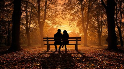 Siluetas de un hombre y una mujer en un banco del parque al atardecer dorado de oto&ntilde;o, con largas sombras entre un bosque tranquilo. Escena rom&aacute;ntica y serena.