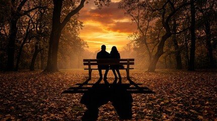 Siluetas de un hombre y una mujer en un banco del parque al atardecer dorado de oto&ntilde;o, con largas sombras entre un bosque tranquilo. Escena rom&aacute;ntica y serena.