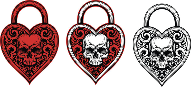 Gothic Heart Padlock with Human Skull and Filigree Ornaments Illustration
