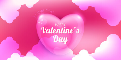 Happy Valentine's Day! Pink party poster with a 3D heart and clouds. Vector illustration.