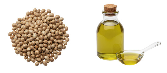 A bottle of oil and a spoon next to a pile of seeds