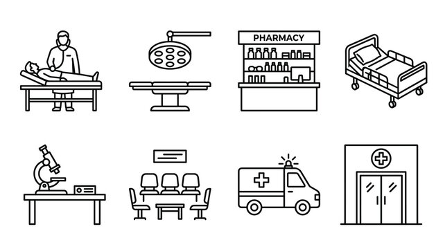 Collection of thin line icons representing various hospital departments and medical services such as emergency care surgery pharmacy laboratory waiting room and patient examination