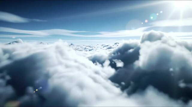 Slow, cinematic aerial drone video gliding through vast cumulus clouds with volumetric light shafts and lens flare, evoking a serene, dreamlike heavenly journey above the world