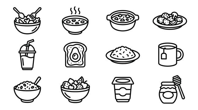 A collection of twelve black and white outline icons representing various healthy meals such as soup salad avocado toast oatmeal fruit yogurt honey tea and smoothie