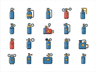 Collection of gas cylinders in various designs and colors