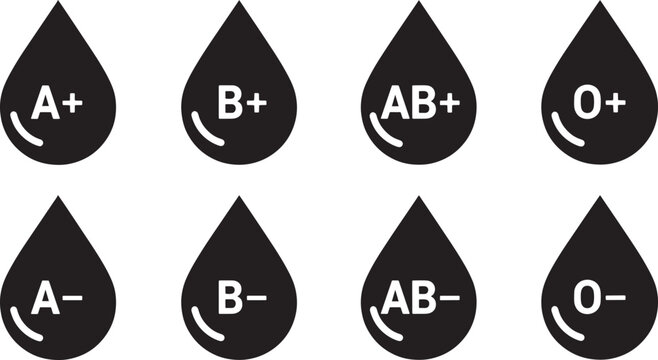 Blood Type Icon Set Featuring A+, B+, AB+, O+, A&minus;, B&minus;, AB&minus;, O&minus; in Black Droplets