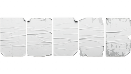 Textured collection of five blank white posters with crumpled and ripped edges isolated on transparent background