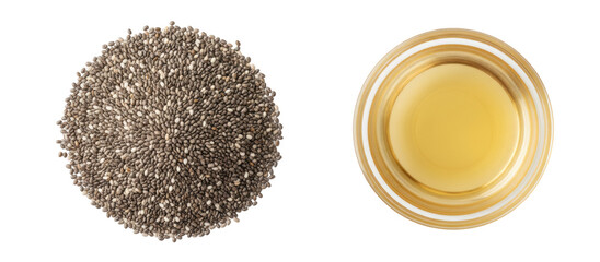A bowl of chia seeds and a dish of oil on a transparent background