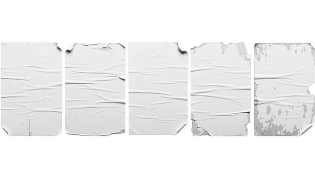 Textured collection of five blank white posters with crumpled and ripped edges isolated on transparent background
