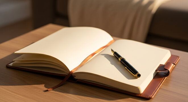 Open brown leather journal with blank pages lies on a wooden table with a fountain pen resting on the right page, inviting writing and reflection in a serene atmosphere.