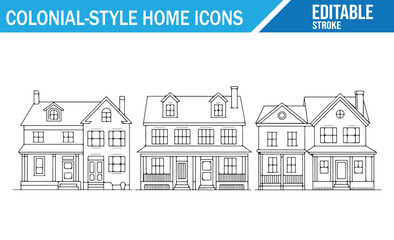 Fototapeta premium Vintage Colonial Home Vector Icons, Collection of Line Drawings for Print and Web