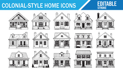 Colonial-Style House Icons: Vector Line Art Set for Architectural Design and Real Estate © SANTI