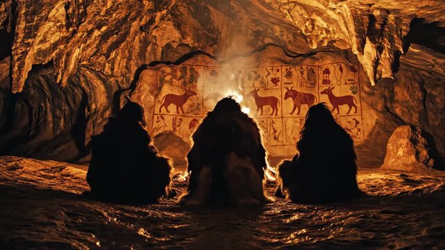 Three prehistoric people around fire, silhouetted against rock wall painting warm ember glow and drifting smoke, trio seated by hearth in ritual storytelling scene evoking ancient culture and mystery