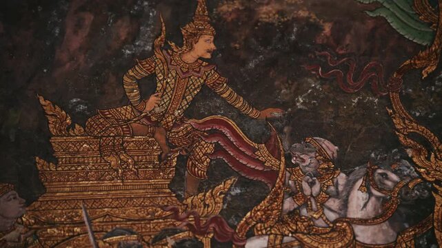 Intricate details of a traditional Thai mural inside a temple in Bangkok. Ancient painting shows a scene from the Ramakien epic