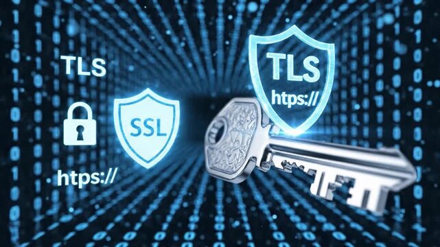 Cybersecurity Protection: An illuminated key, nestled against a background of digital code, embodies the core concepts of secure protocols. Enclosed by shields bearing the emblems of SSL and TLS.