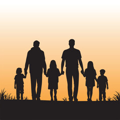 A silhouette of a diverse family walking together at sunset
