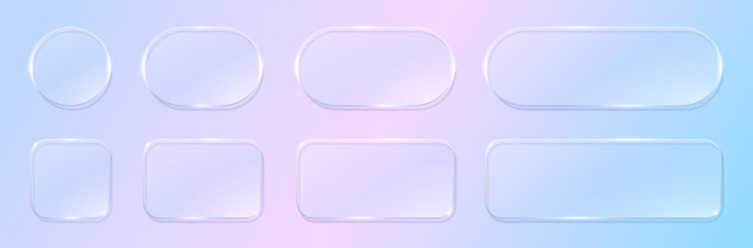 Futuristic glassmorphism UI element with square transparent frame and liquid glossy texture. Blue neon light effect on 3d glass button box with round edges. Modern app interface design template.