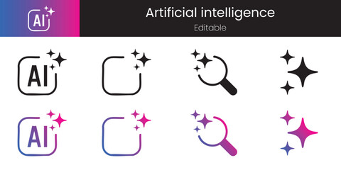 AI Icons Vector Set, Artificial Intelligence Generate Tools, Machine Learning Symbols with Sparkle Effect, Magic Wand and Edit Buttons for App UI, Website, Technology Interface
