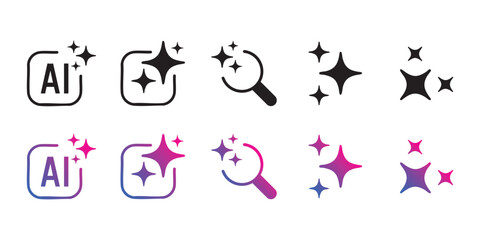 Artificial Intelligence Icons Vector Set, AI Generate Symbol, Magic Sparkle Wand, Image Enhance Crop Tools, Machine Learning UI Icons for App, Website, Technology