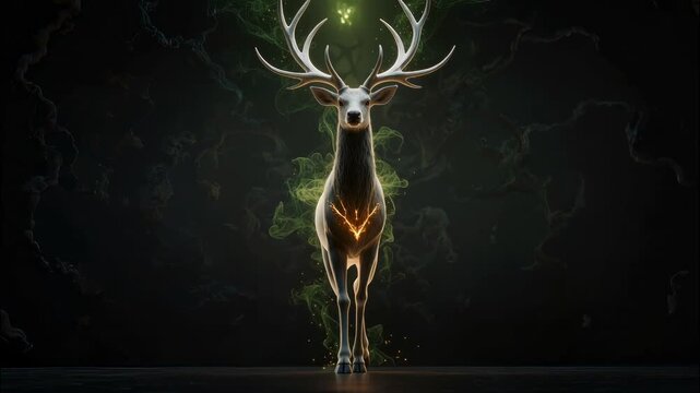 Majestic Mythic Stag Walking Forward with Glowing Green Aura