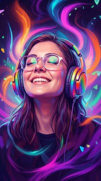 Cheerful young woman wearing headphones and glasses enjoying music. Vibrant colorful abstract art background with swirling neon patterns. Close-up vertical video.