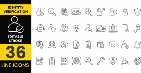 Identity and Verification Line Icon Set. Pixel Perfect and Outline Editable Stroke Icons collection for Passport, Biometric