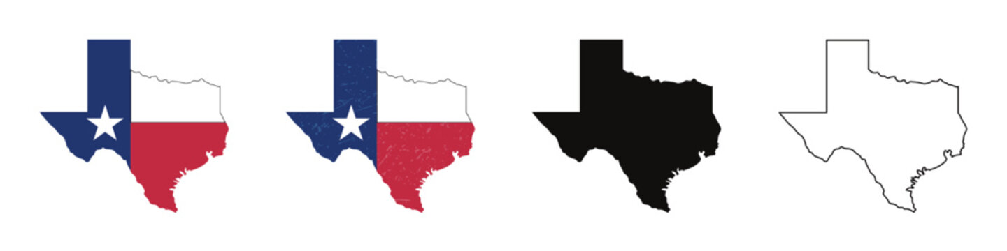Texas State Map and Flag Vector Set - Silhouette, Outline, and Distressed Designs | Lone Star State Map Icons - Texas Flag, Grunge Texture, and Minimalist Outlines | Texas Map Collection: State Flag