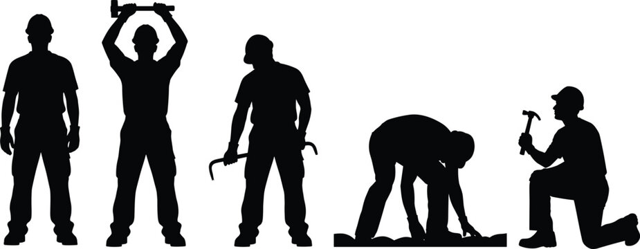 Five construction worker silhouettes performing varied tasks with sledgehammer, crowbar and hammer, kneeling and bending, illustrating manual labor, technique and safety