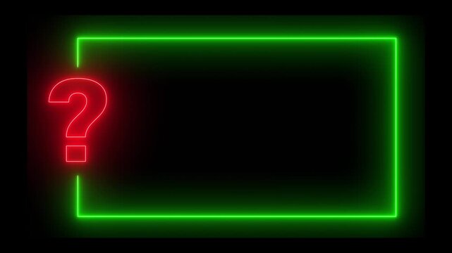 Neon glowing question mark sign along with rectangle frame on black background. Question mark with rectangle frame on glowing neon line on black background.