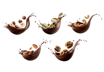 Set of various nuts in melted chocolate splash on a transparent background. Generative AI